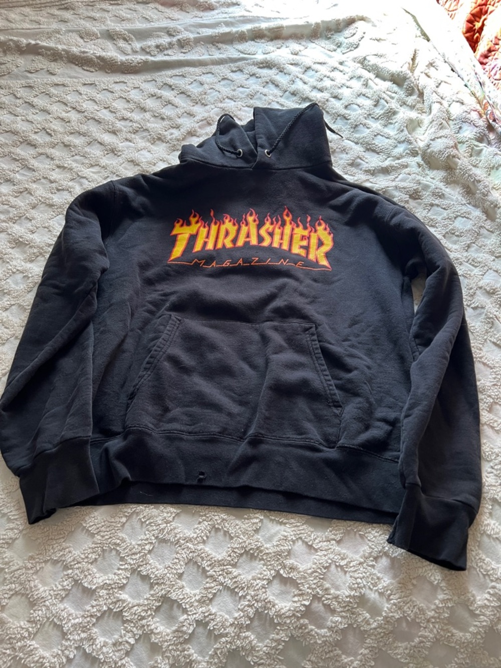 Thrasher Black Hoodie with Yellow-Orange Flame Logo Mens size Small